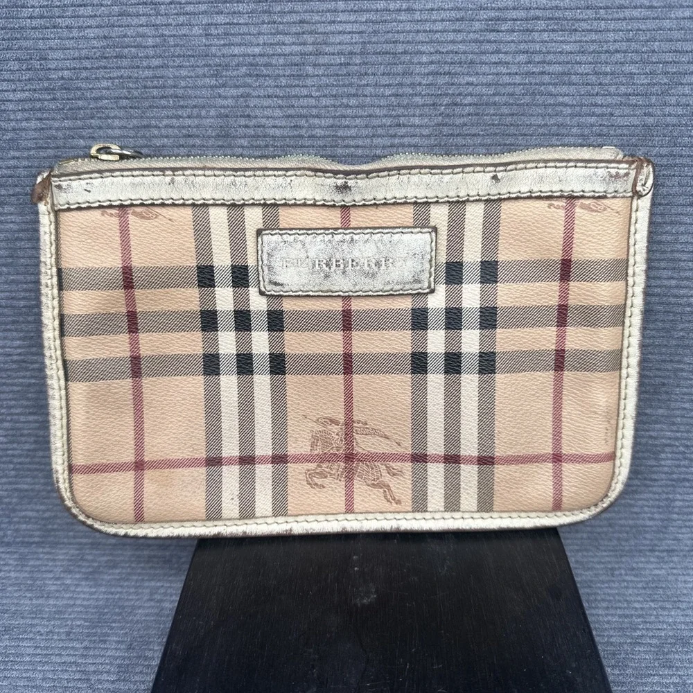 Vintage Burberry Nova Check Toiletry/Make-Up/Shaving Bag w/ White Leather Trim